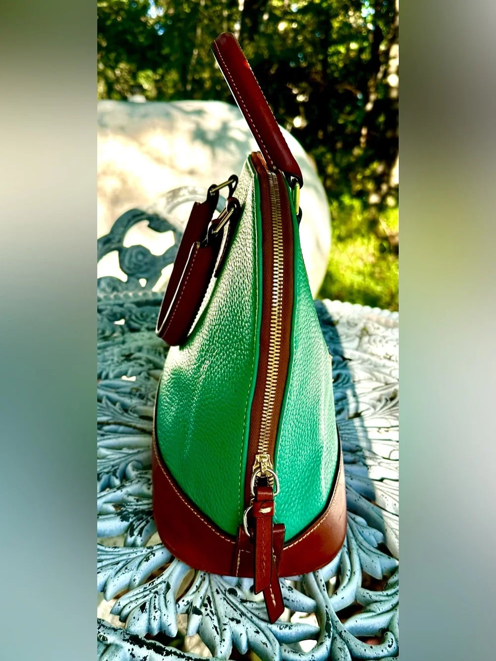 Dooney & Bourke Teal Leather Dome Satchel with Brown Trim